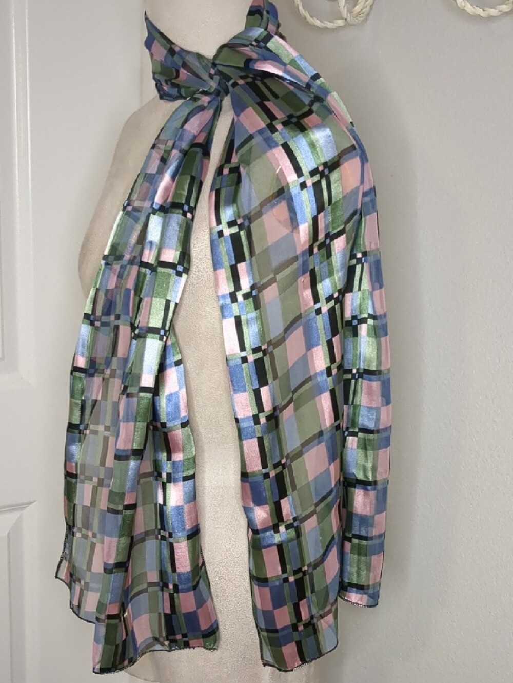 Vintage Pastel Geometric Organza Scarf In Pink, Green, & Blue 60" - Picture 6 of 9